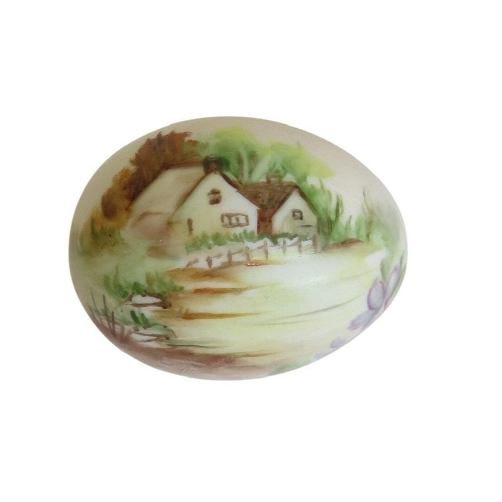Vintage Hand Painted Ceramic Easter Egg Scene Scenic‎ Cottage Artwork Signed